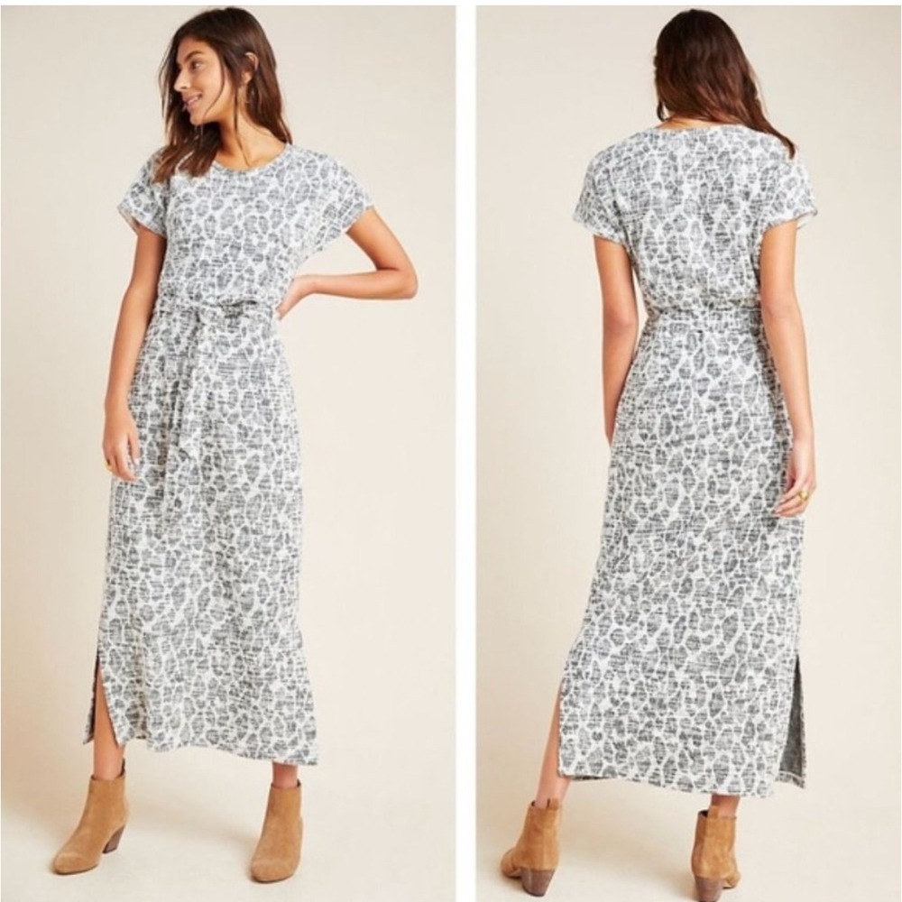 Anthropologie Dolan Taleen Textured Midi Dress Belted Casual Leopard Print MED